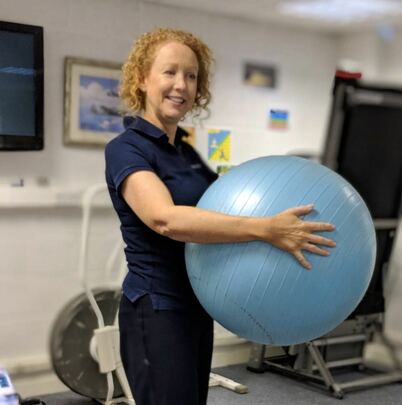 Claire Evans with big blue ball